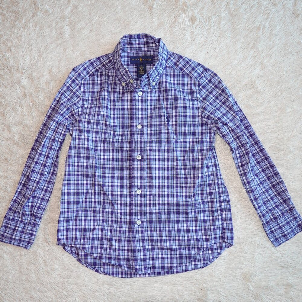 Boys Size 5 Ralph Lauren Blue Plaid Long Sleeve Button Down Shirt